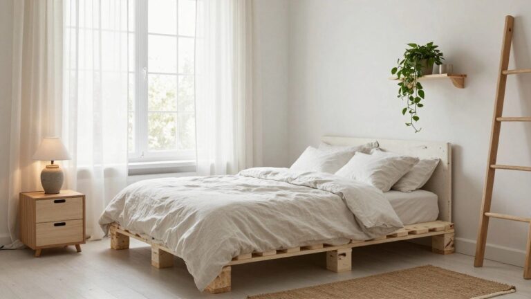 18 Elevated Bedroom Pallet Bed Ideas That Transform The Room Bedroom with elevated pine pallet bed frame and white linen bedding, wooden nightstand with ceramic lamp, sheer curtains on window, potted trailing plant on wall shelf, and seagrass rug on wood floor.