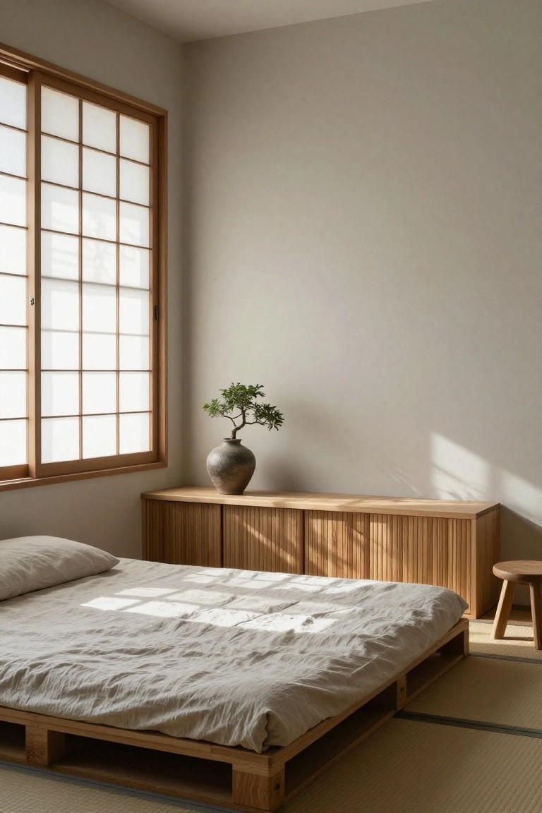 A minimalist bedroom with a low elevated wooden pallet bed platform on tatami mats, shoji sliding doors, a bonsai tree in a ceramic pot on a slatted wooden cabinet, and a small wooden stool nearby.