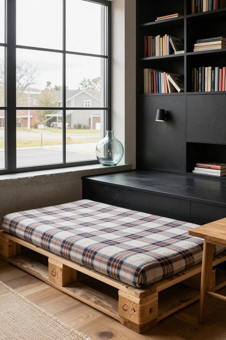 Bedroom nook featuring a low pallet bed frame with plaid blanket, black built-in bookshelves filled with books, large black-framed window showing outdoor view, glass vase on sill, and wooden side table.