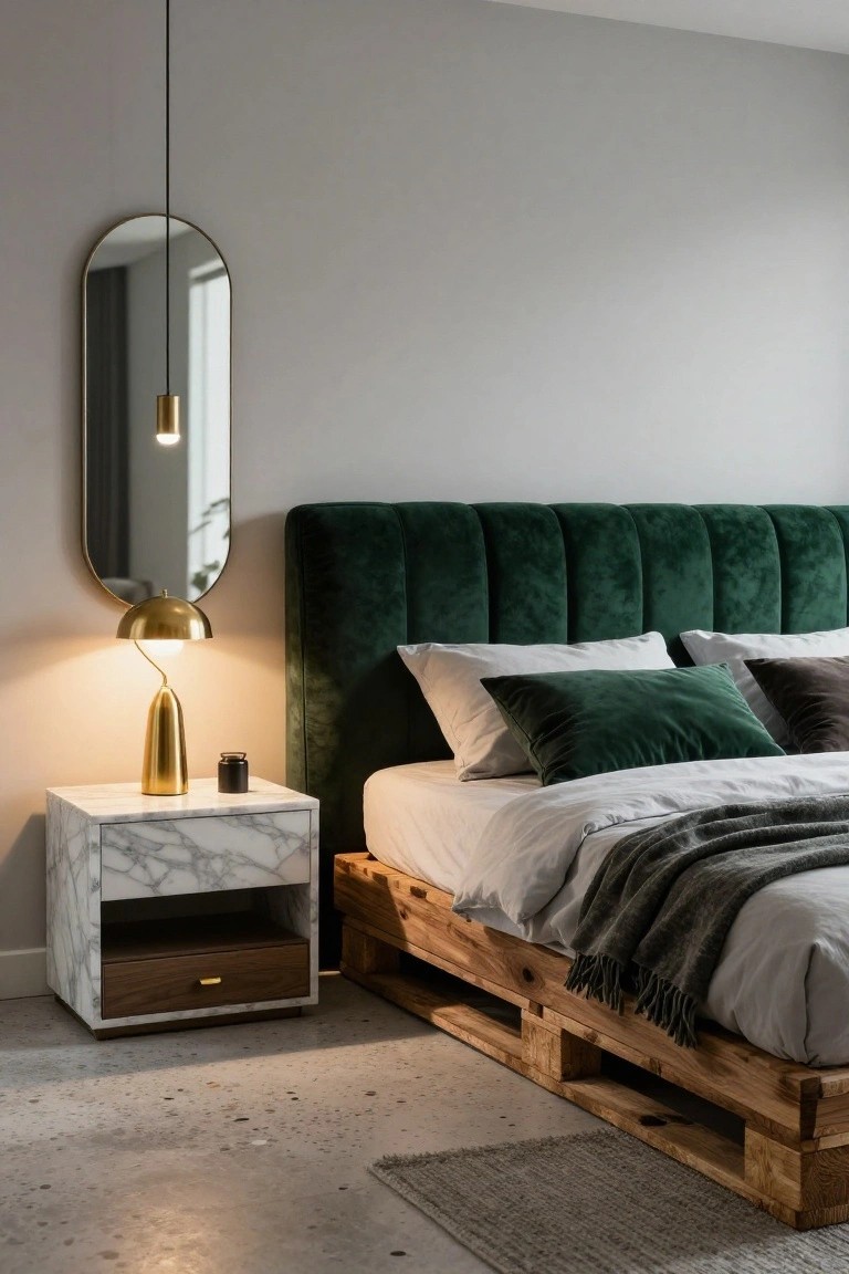 A modern bedroom with a low wooden pallet bed frame supporting white bedding and pillows, topped by a tall green velvet tufted headboard, beside a white marble nightstand with gold lamp and candle, arched mirror on light gray wall, and concrete floor.