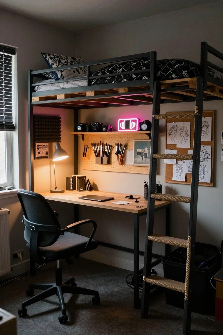 A bedroom with an elevated black metal bunk bed on wooden pallets, desk and ergonomic chair underneath, rope ladder, neon sign, camera gear, art supplies, and sketches on corkboards.