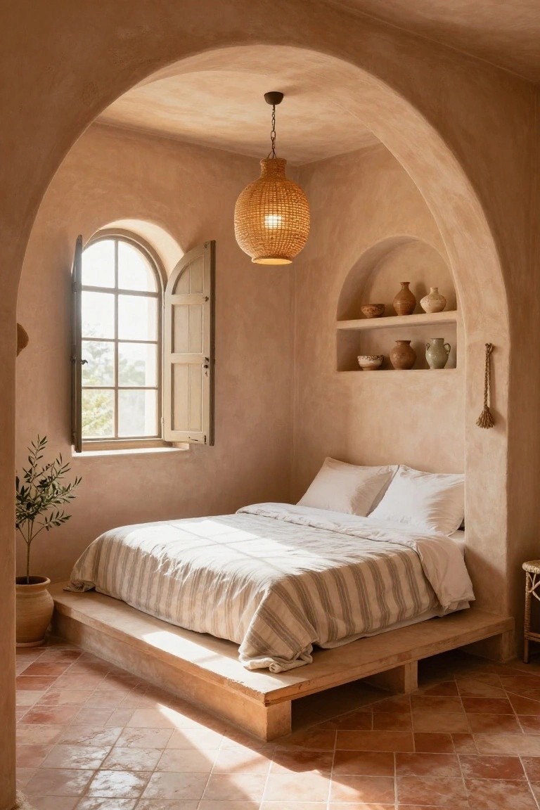 A sunlit bedroom with beige curved walls and arches, a low wooden platform bed topped with white pillows and striped linens, terracotta tile floor, rattan pendant light, olive plant in terracotta pot, ceramic vessels on shelves, and an arched window with open wooden shutters.