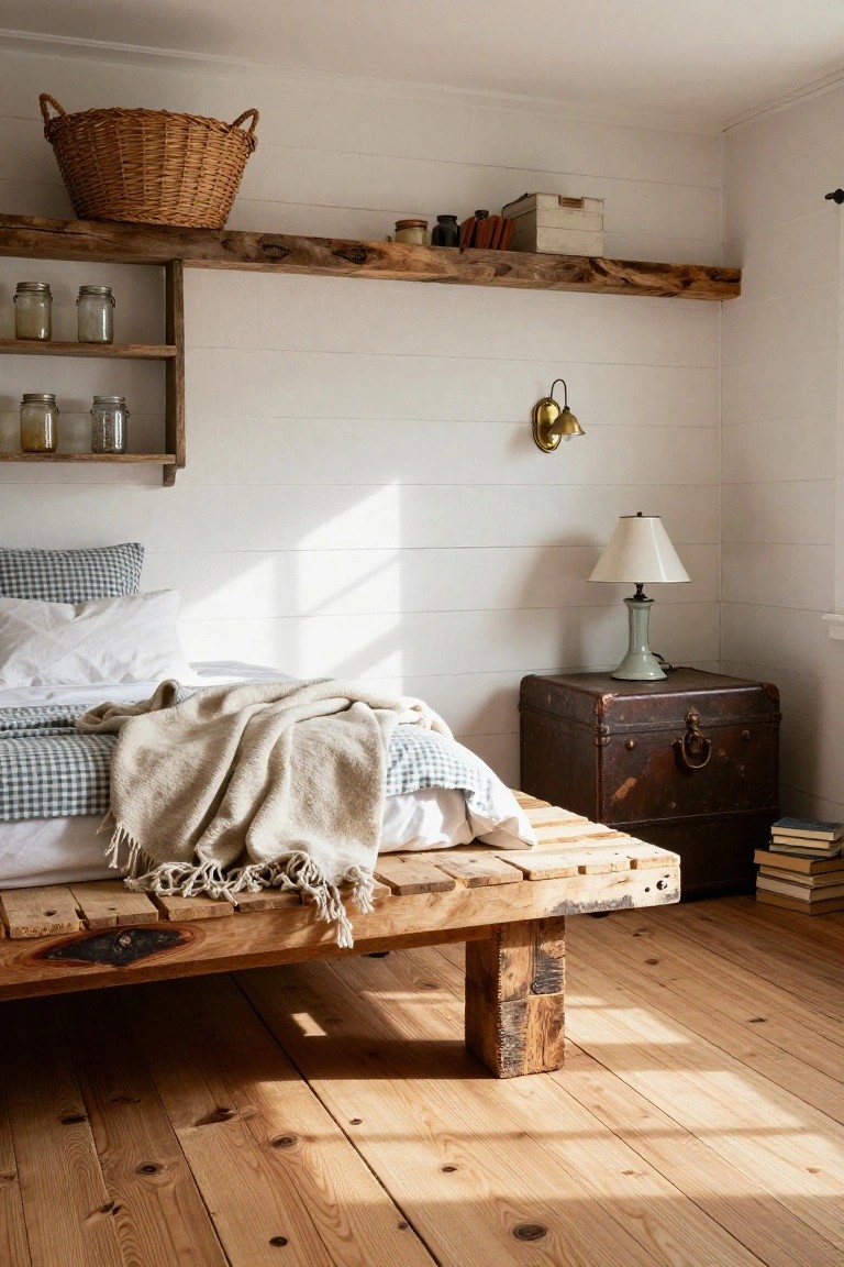 A low platform bed made from wooden pallets with white and checkered bedding draped with a beige throw, beside a vintage leather trunk nightstand with a lamp, in a white shiplap-walled bedroom with wooden shelves holding jars and a wicker basket above.
