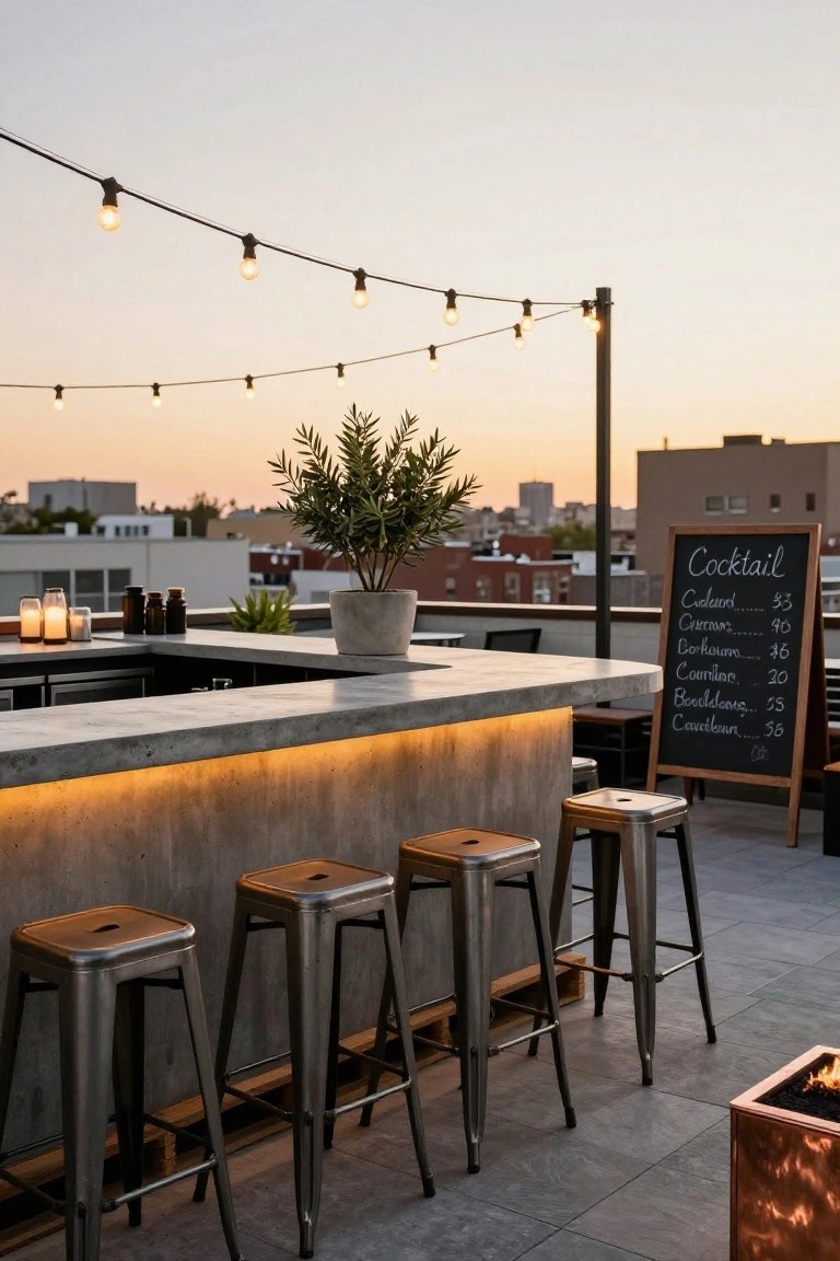 Rooftop outdoor bar with gray concrete countertop and LED underlighting, four metal stools, potted plants, string lights overhead, chalkboard menu, and copper fire pit on tiled deck at sunset.