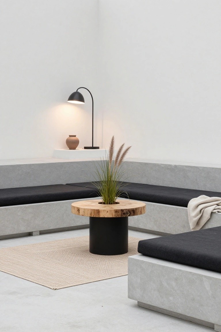 Corner indoor seating area with L-shaped gray concrete benches topped with black cushions, round wooden table with potted grass plant and black pedestal base, black arched lamp on white shelf beside terracotta pot and pampas grass stalks, beige seagrass rug on concrete floor against white walls.