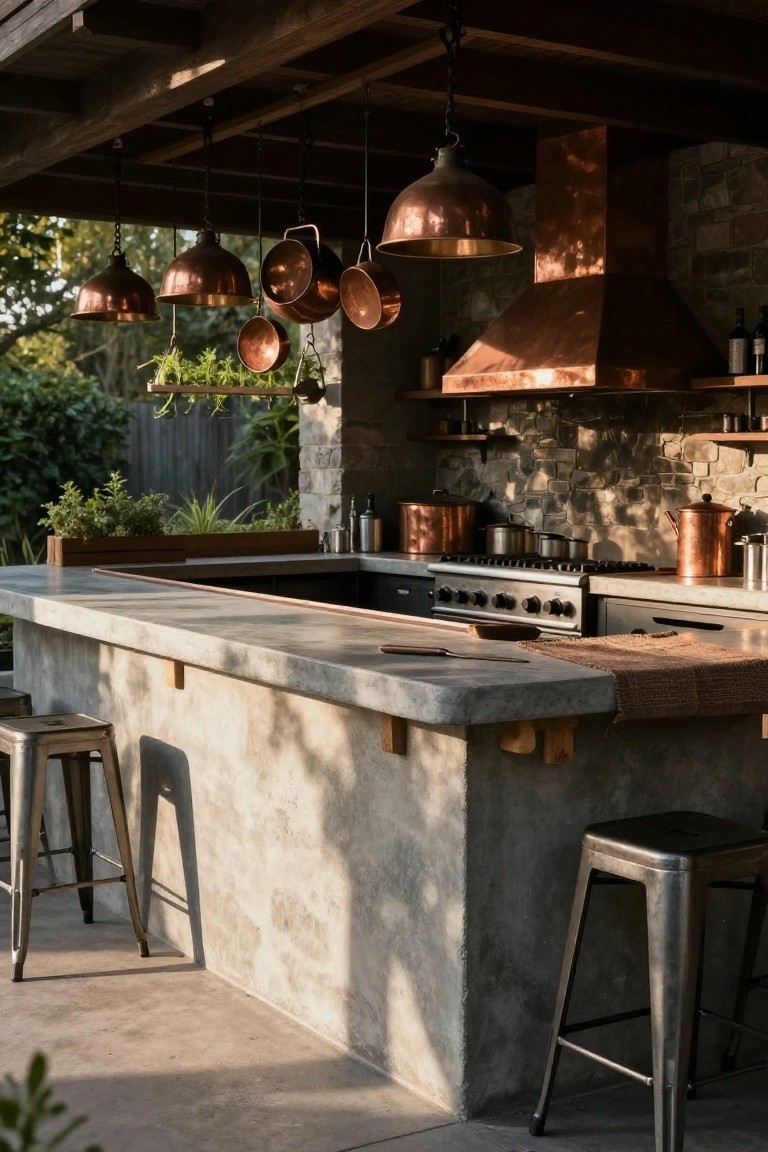 Outdoor kitchen under wooden beams with multiple hanging copper pots, pans, and pendant lights, concrete bar counter with metal stools, copper range hood, and stone backsplash surrounded by plants.