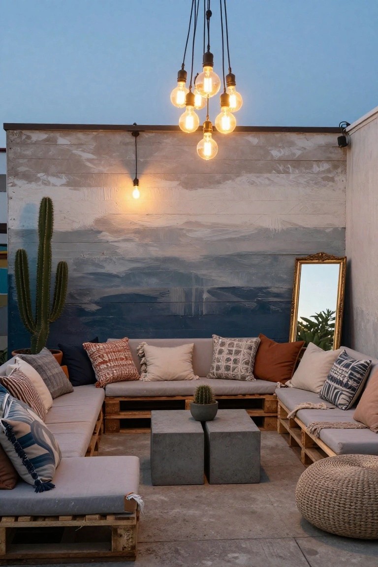 Rooftop terrace with L-shaped outdoor seating made from stacked wooden pallets topped with gray cushions and colorful patterned pillows, two square concrete tables, potted cacti, hanging cluster of Edison bulb lights, tall potted cactus plant, and large painted wall with gold-framed mirror.