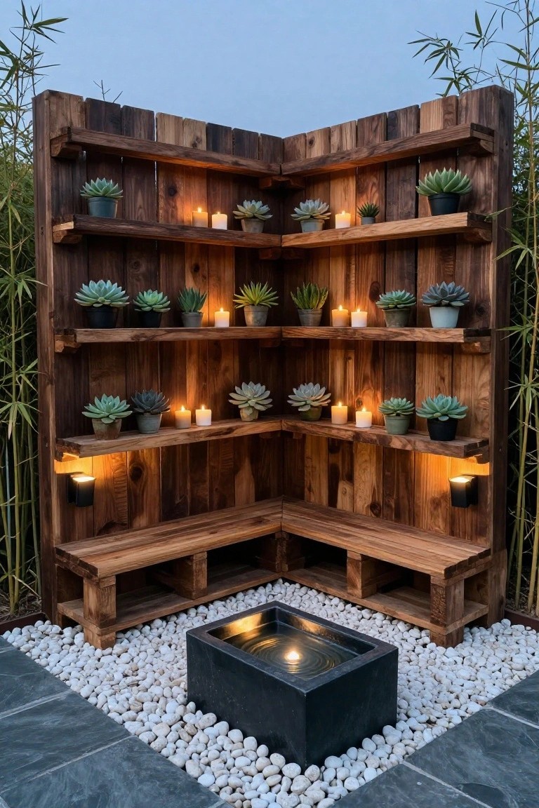 Corner wooden shelving unit made from pallets filled with potted succulents and candles, with integrated bench seating, a small black water basin, white pebbles, slate pavers, and bamboo plants in the background.