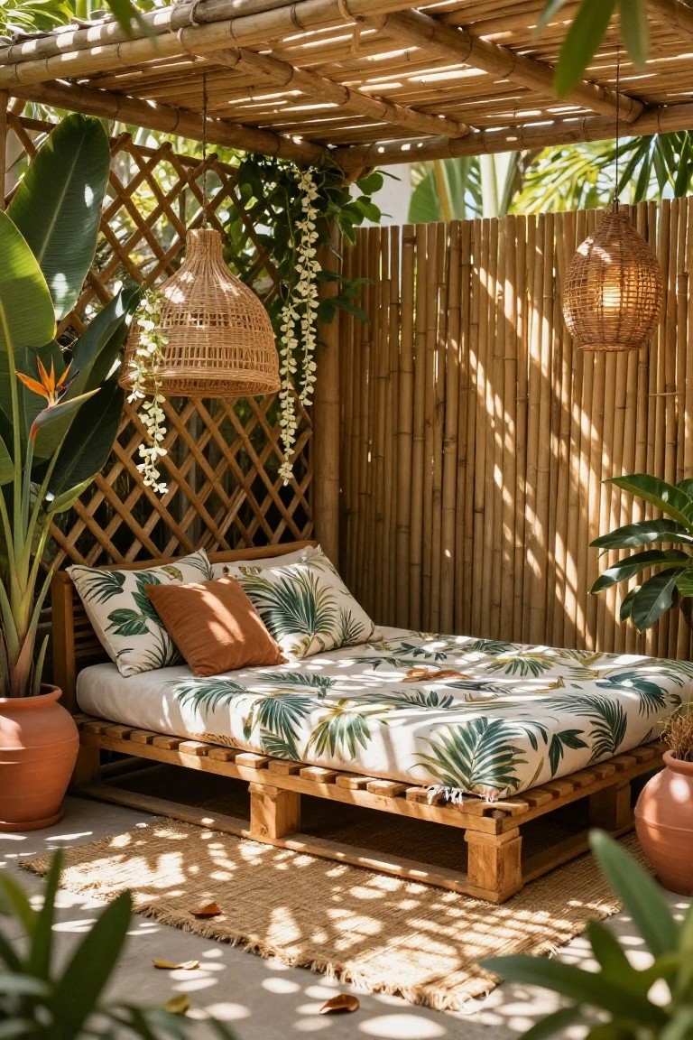 Outdoor patio with bamboo pergola and lattice screens enclosing an elevated wooden pallet bed topped with a mattress, green palm leaf bedding, orange throw pillows, potted plants, and hanging rattan lanterns.