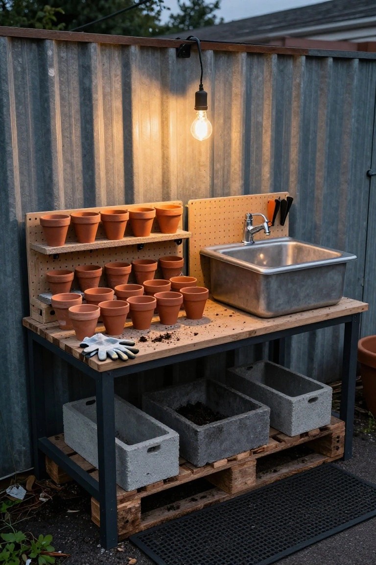 Wooden pallet potting bench with terracotta pots on shelves, stainless steel sink, pegboard with tools, gardening gloves, soil bins, and hanging bulb light against corrugated metal fence in backyard.