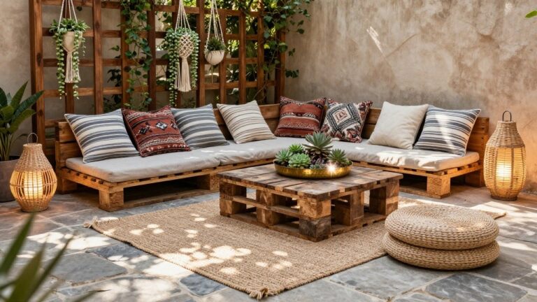 18 Elevated Pallet Patio Decorating Ideas For A Pulled Together Look Outdoor patio seating area with L-shaped wooden pallet sofa topped with beige cushions and multicolored patterned pillows, wooden pallet coffee table with potted succulents, two lanterns, woven pouf, jute rug, and hanging plants under vine-covered wooden pergola.