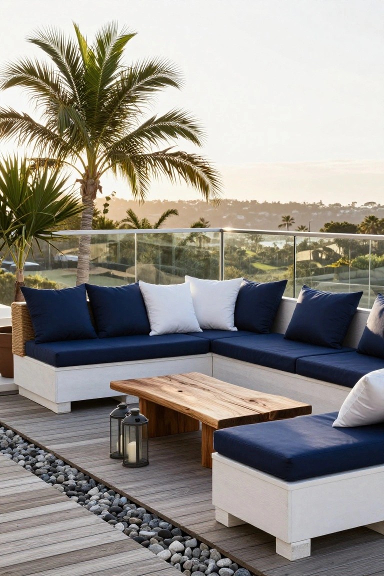 White L-shaped outdoor sectional sofa with navy blue and white cushions on a wooden deck balcony, featuring a teak coffee table, metal lanterns, glass railing, palm trees, and distant hillside view.