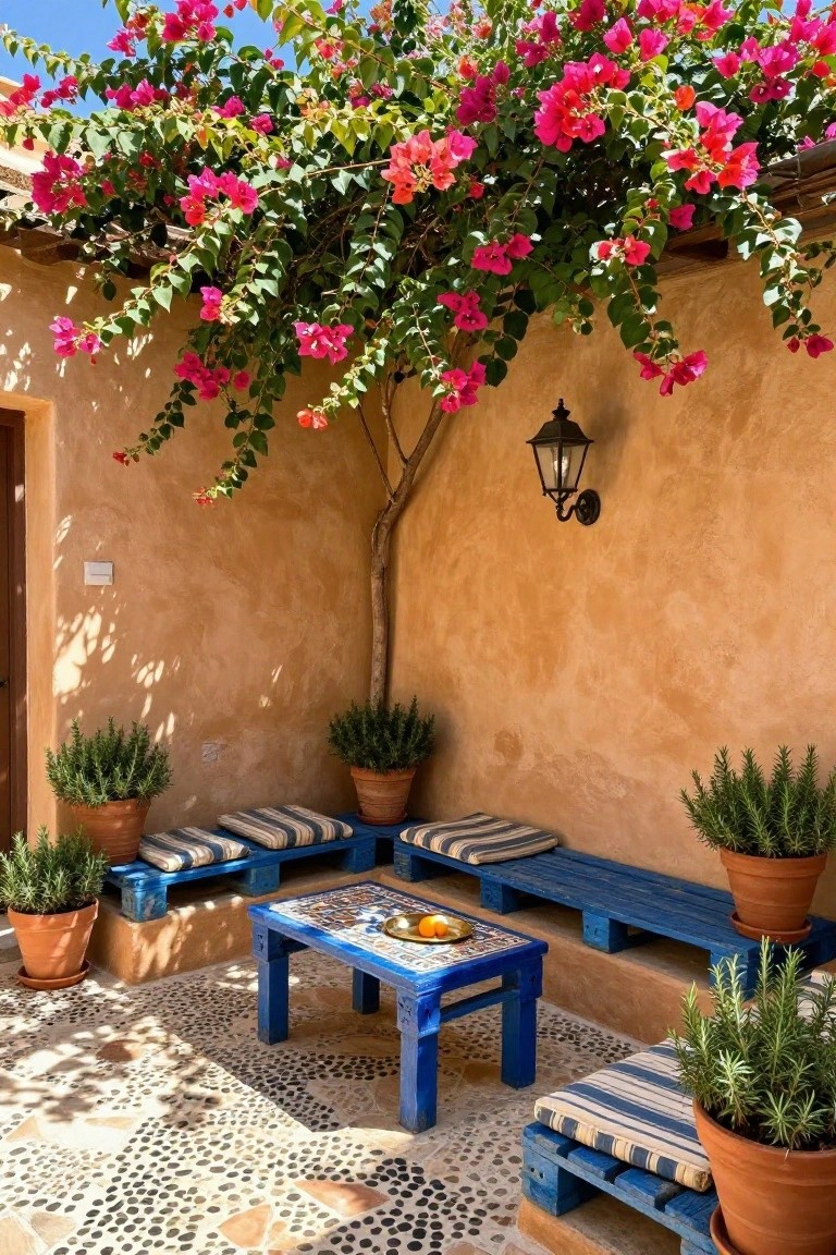 Courtyard patio featuring blue wooden pallet benches with striped cushions arranged around a low blue-tiled table, surrounded by potted rosemary plants, with bougainvillea vines overhead against ochre walls and pebble flooring.