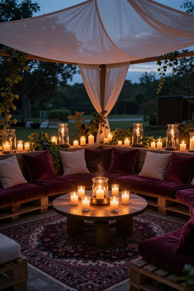 Outdoor patio lounge with L-shaped seating on pallet bases topped by purple and white cushions, central round wooden table with candles, glass jar candles on surrounding shelves, under white draped canopy with ivy plants and grass field in background.