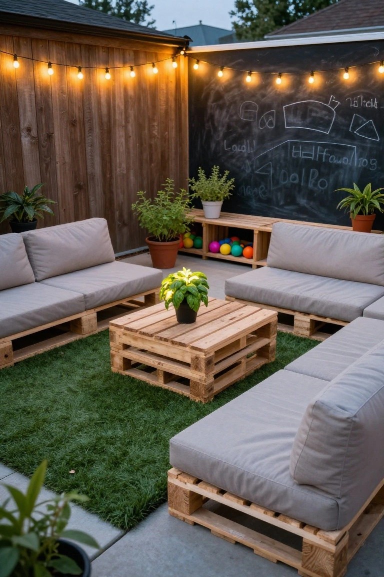 Backyard patio with gray cushioned wooden pallet sofas arranged in an L-shape around a pallet coffee table on artificial turf, potted plants, string lights along the fence, and a chalkboard wall with drawings.