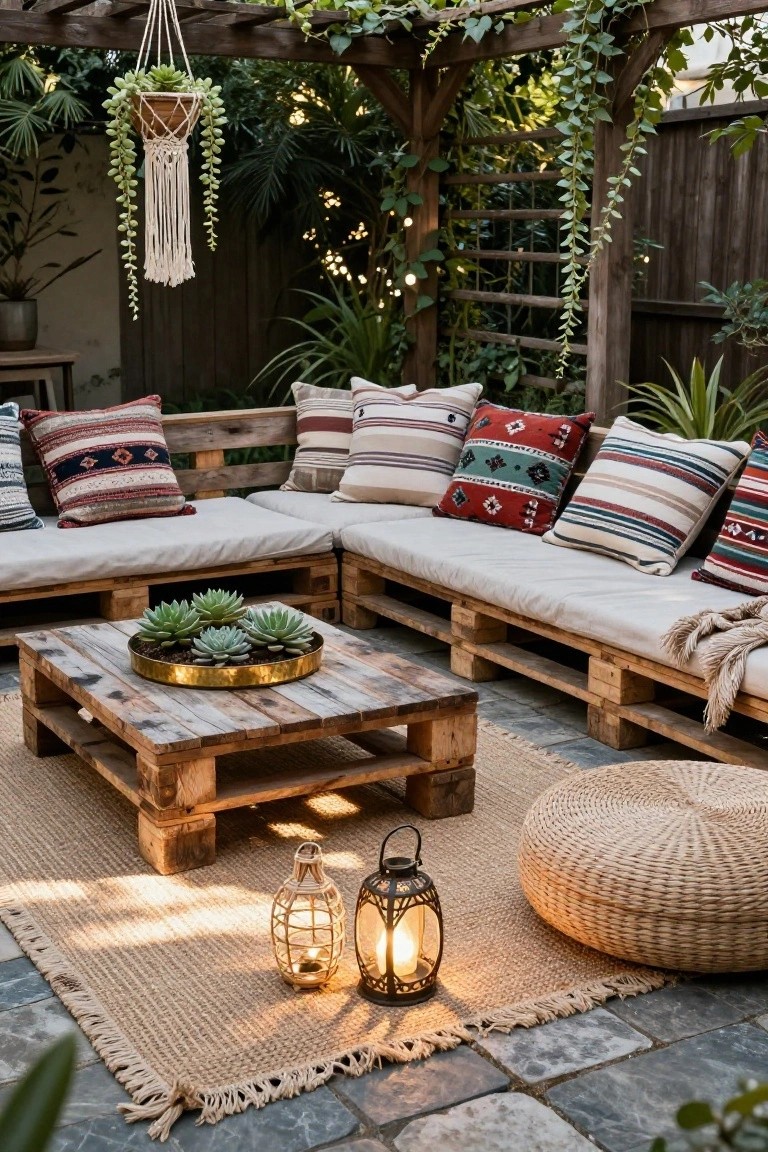 Outdoor patio seating area with L-shaped wooden pallet sofa topped with beige cushions and multicolored patterned pillows, wooden pallet coffee table with potted succulents, two lanterns, woven pouf, jute rug, and hanging plants under vine-covered wooden pergola.