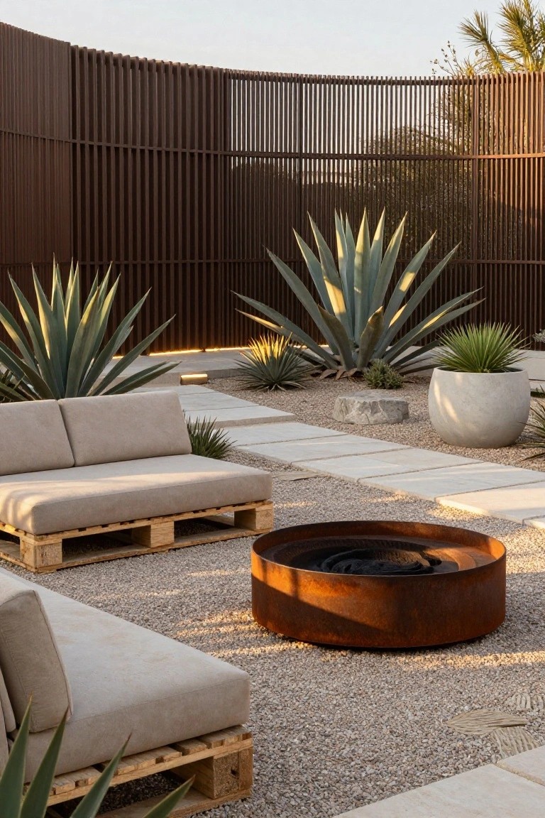 Outdoor patio with low wooden pallet sofas topped by beige cushions arranged around a round rusted metal fire pit on gravel ground, flanked by agave plants, stone paths, large pots, and a tall slatted brown fence.