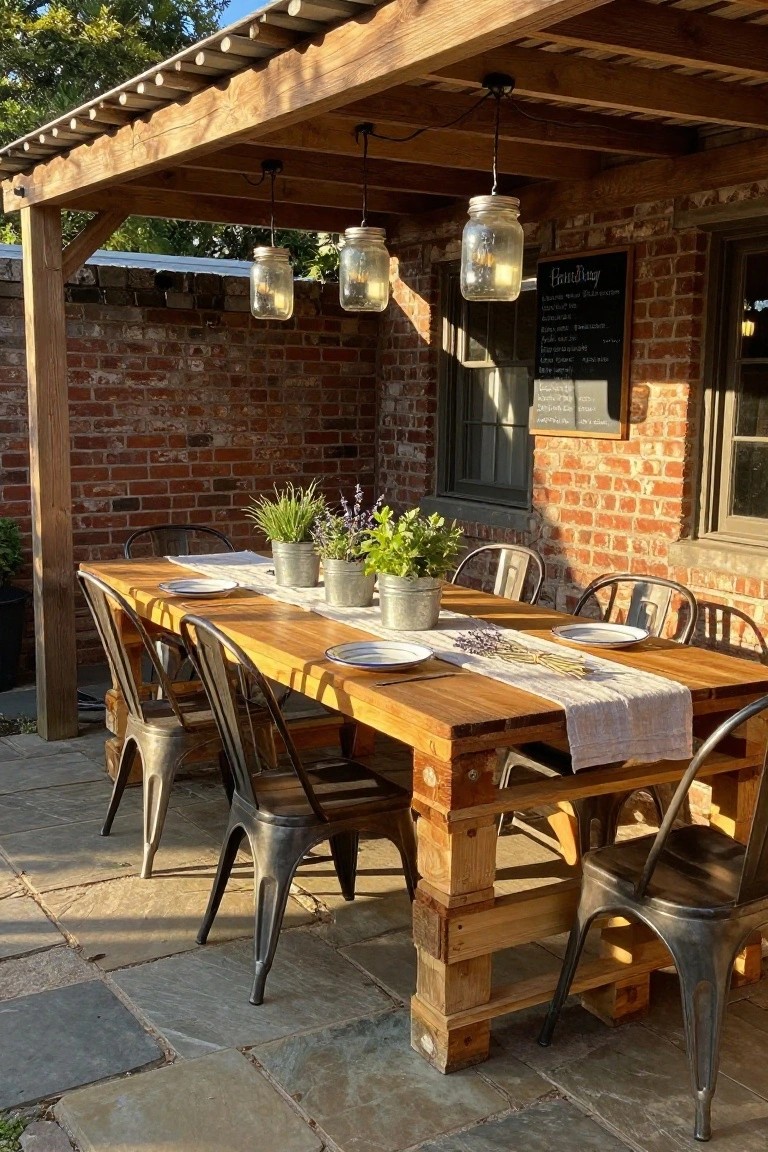 Outdoor patio under wooden pergola with long rectangular pallet-built table, metal chairs, potted plants on table, hanging mason jar lights, brick wall, and chalkboard sign.