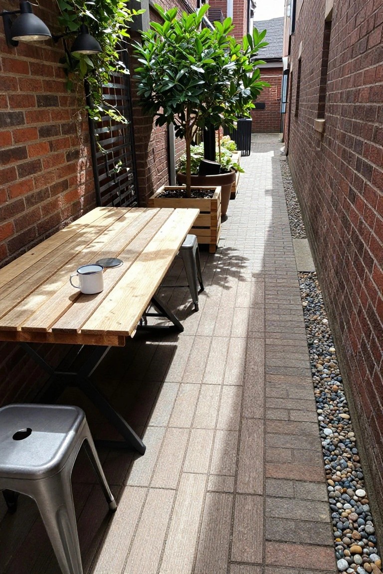 Narrow brick passageway with wooden pallet-style table, metal stools, potted plants in containers, hanging lights, and gravel edging along one side.