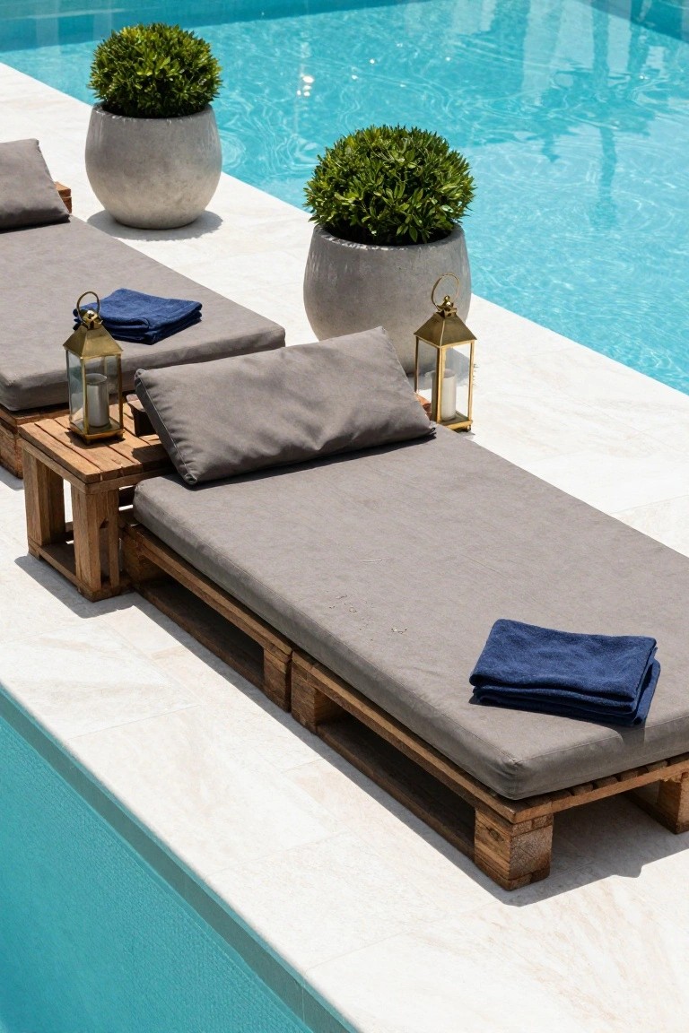Wooden pallet loungers with gray cushions and pillows positioned next to a turquoise swimming pool on a light stone deck, accompanied by potted plants, brass lanterns, and folded blue towels.