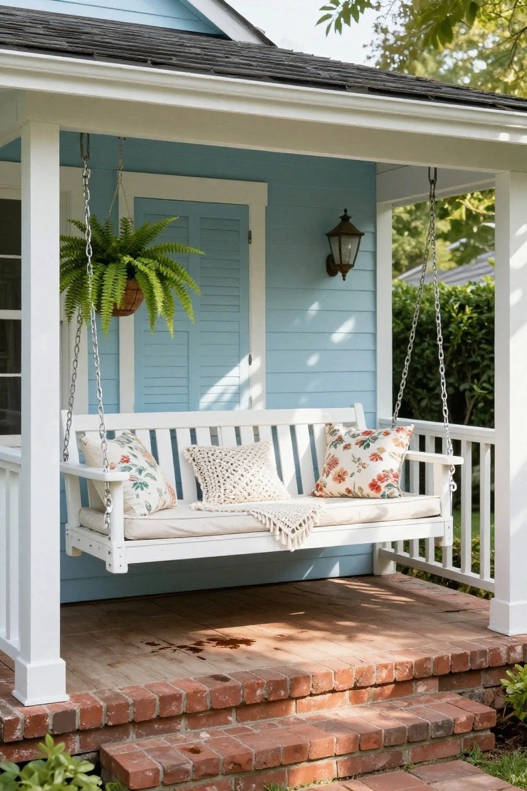 White wooden porch swing with cushions, floral pillows, macrame pillow, and fringed throw hanging from chains under a covered porch on a light blue house, with hanging fern plant, wall lantern, wooden porch floor, and brick steps.