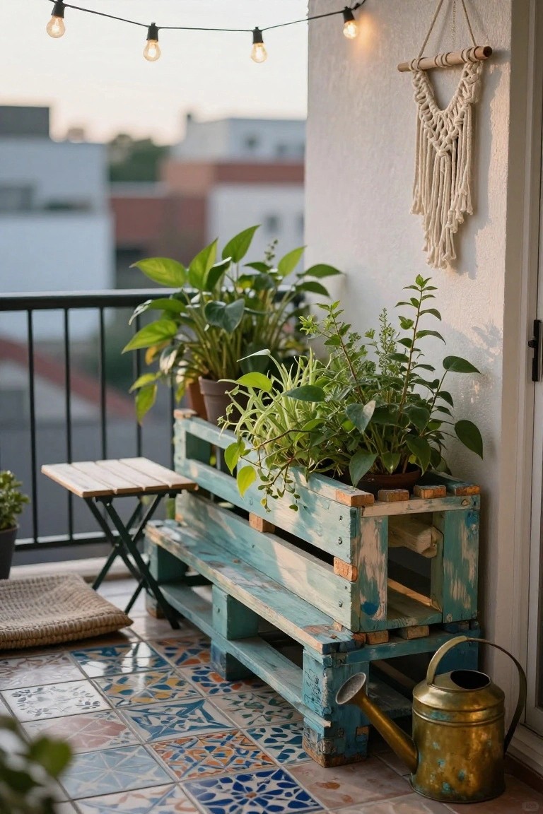 Turquoise wooden pallet repurposed as a raised planter box filled with various green leafy plants and positioned as a low bench on a balcony with colorful tiled floor, small wooden table, woven rug, string lights overhead, macrame wall hanging, and brass watering can nearby.