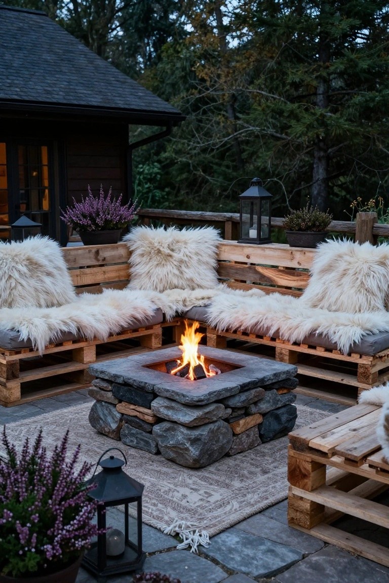 L-shaped outdoor seating made from stacked wooden pallets with gray cushions and white sheepskin rugs surrounding a square stone fire pit on a slate patio near a wooden cabin and trees.