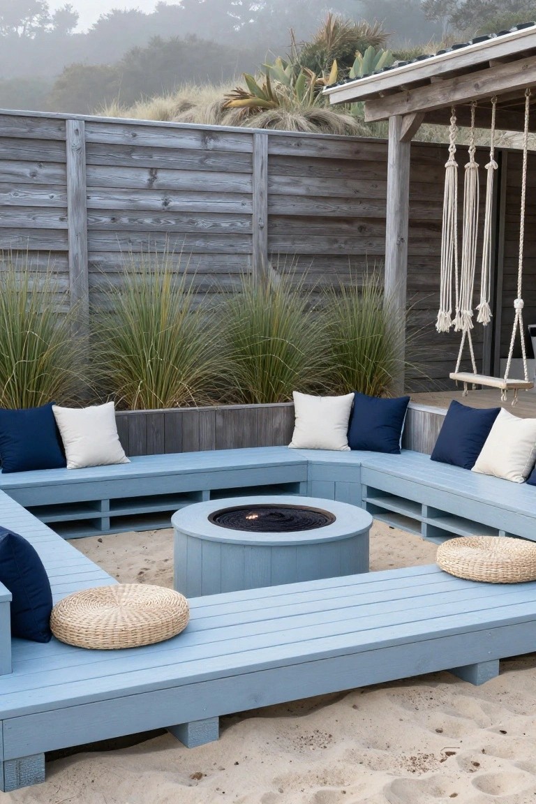 U-shaped blue wooden pallet benches with cushions surround a central round fire pit on a sandy outdoor patio enclosed by a gray wood fence and beach grass.