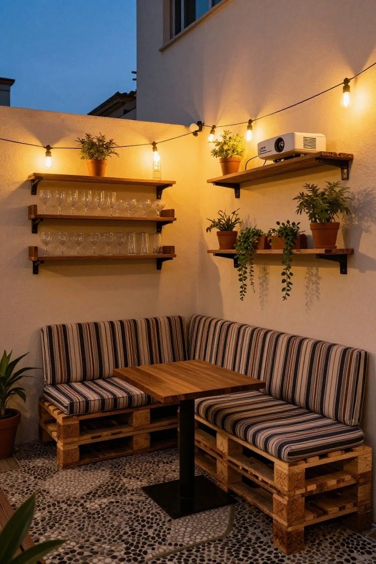 Outdoor corner seating area built from stacked wooden pallets with striped cushions on two sides around a wooden table, flanked by potted plants, wooden shelves holding glasses and a projector, and string lights along white walls on a pebble-tiled patio at dusk.