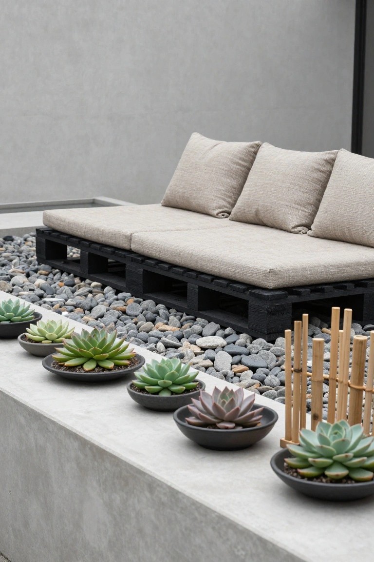 Black wooden pallet daybed with beige cushions on a gravel patio edged in concrete, surrounded by black pots of succulents and bamboo stalks.