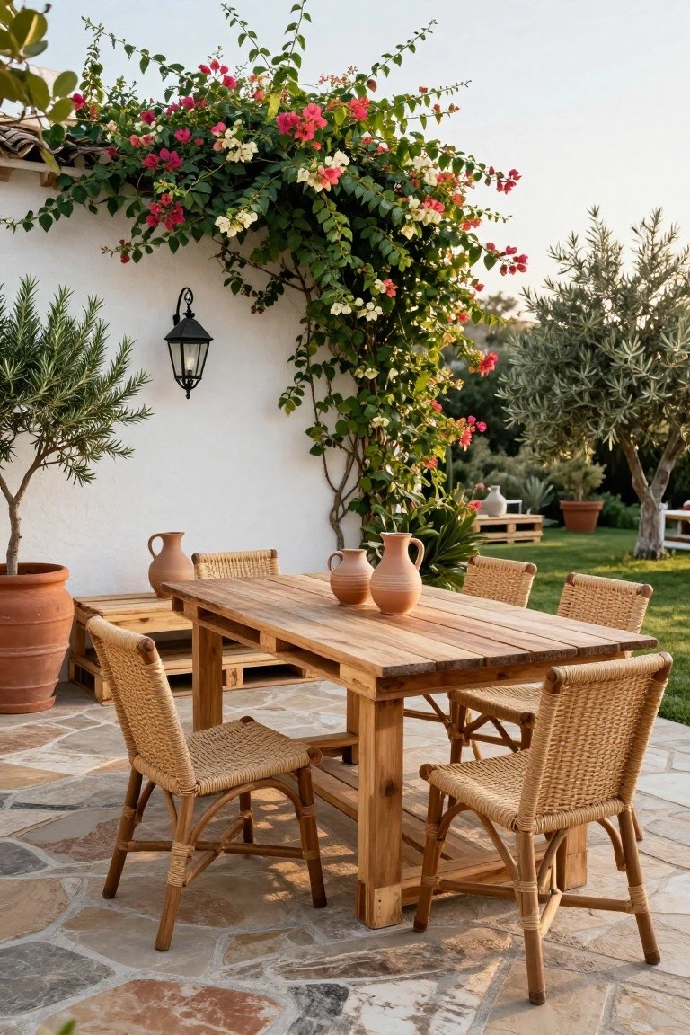 Wooden rectangular dining table built from pallets with four rattan chairs on a stone-tiled patio, flanked by large terracotta pots, olive trees, and bougainvillea vines climbing a white stucco wall.