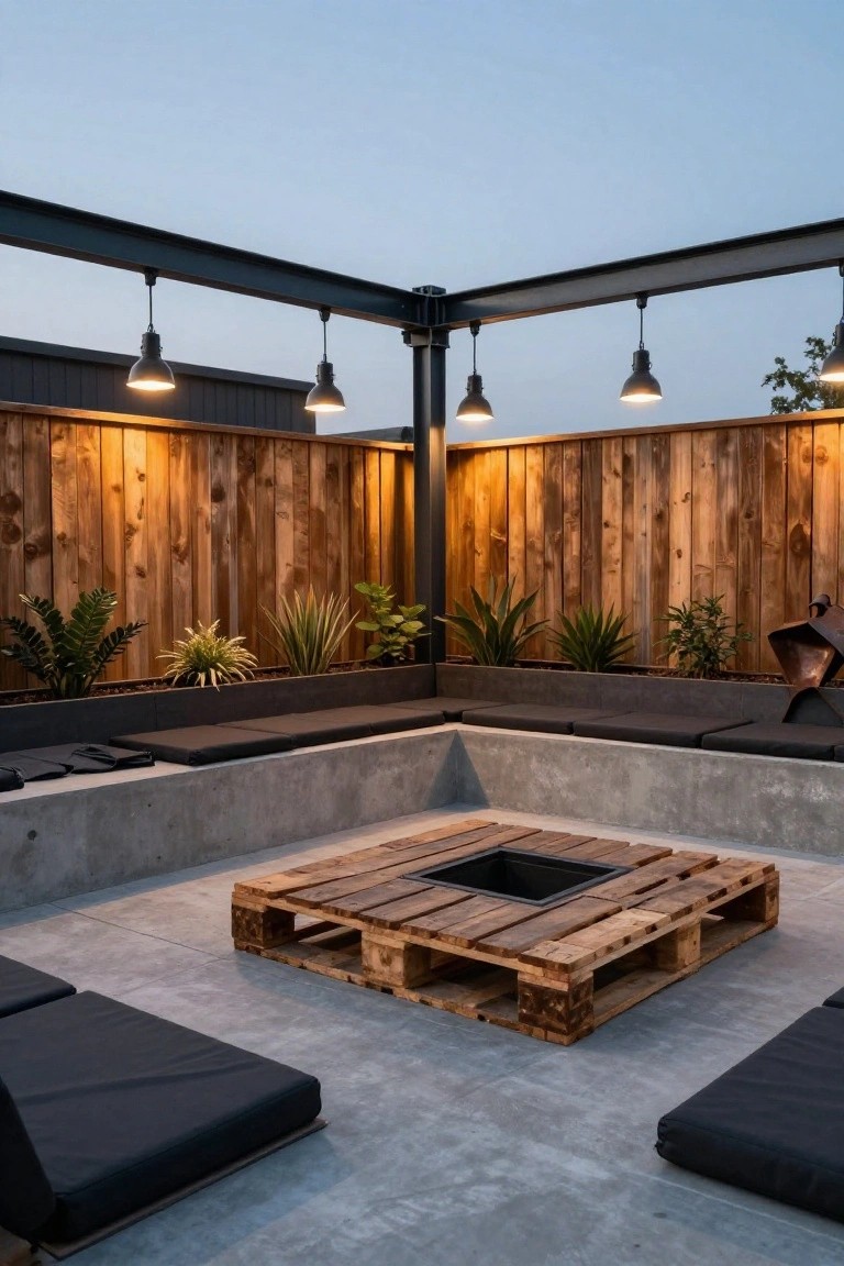 Corner outdoor patio with square wooden pallet fire pit at center containing black metal bowl, surrounded by black cushions on concrete benches, wooden slat fence with plants, and hanging black pendant lights overhead.