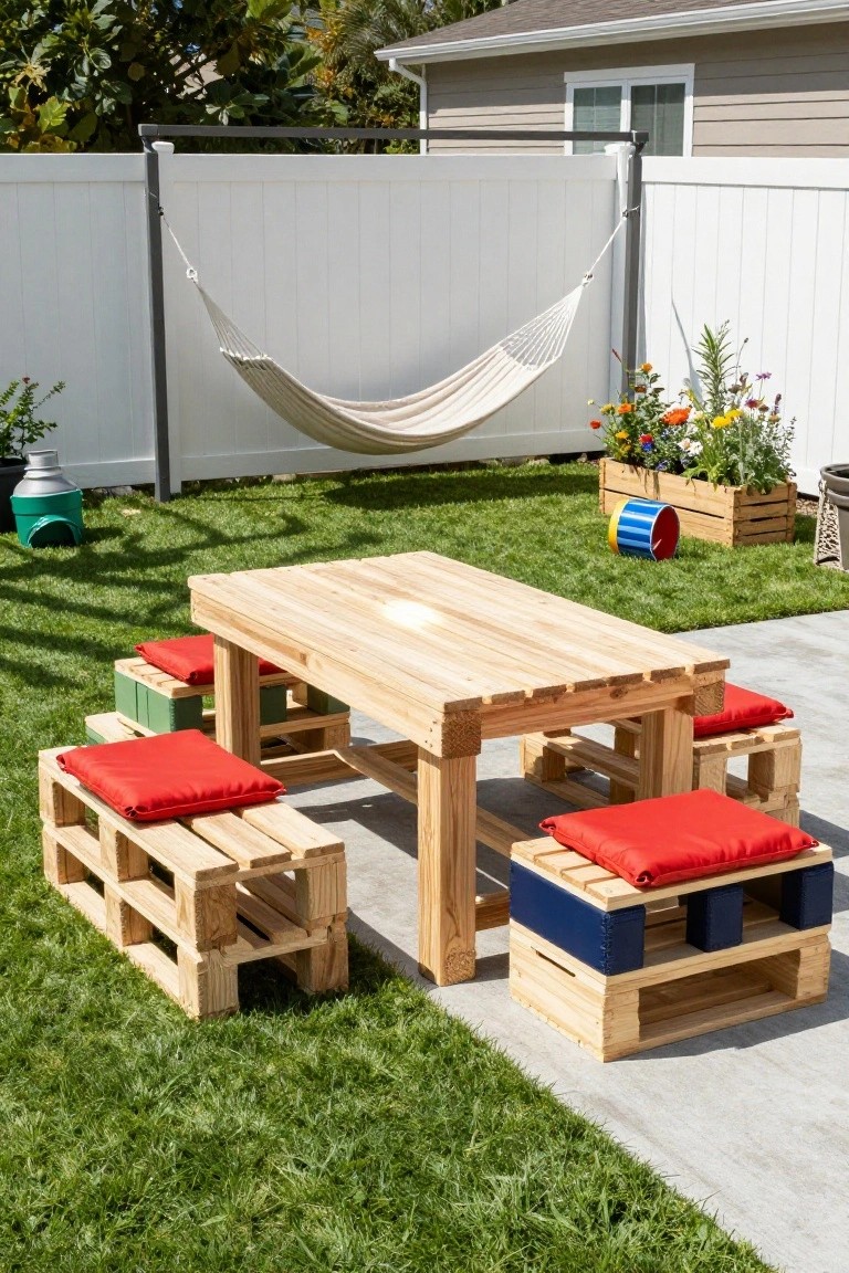 A rectangular wooden table and benches made from stacked pallets with red cushions on top, placed on grass in a backyard patio enclosed by a white vinyl fence, with a hammock stand and potted plants nearby.