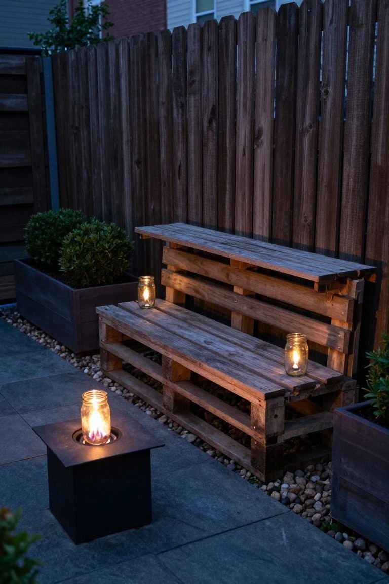 Wooden pallet bench on a gravel patio edged by fences and potted shrubs, with mason jar lanterns on the bench and a small black fire pit table nearby, illuminated at dusk.