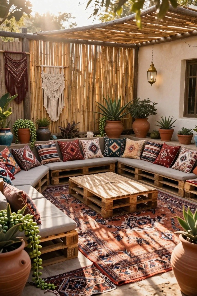 Outdoor patio courtyard with U-shaped low seating made from stacked wooden pallets and gray cushions in colorful ethnic patterns, central low pallet table, woven rug underneath, terracotta pots with succulents and palms, bamboo fencing, macrame wall hangings, and pendant lantern.