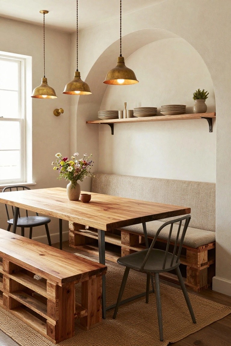A dining area inside a light-colored room with a rectangular wooden table on pallet bases, matching wooden pallet benches, a beige fabric banquette booth, black metal chairs, brass pendant lights, wall shelves, and a vase of mixed flowers on the table.