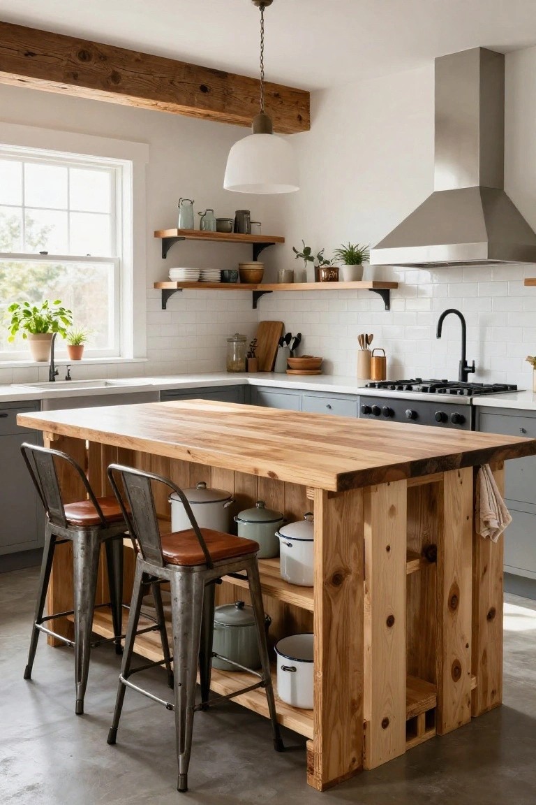 Kitchen with gray cabinets, white subway tile backsplash, stainless steel range hood, gas cooktop, and a large central island made of rough wooden timbers with open shelving and metal bar stools.