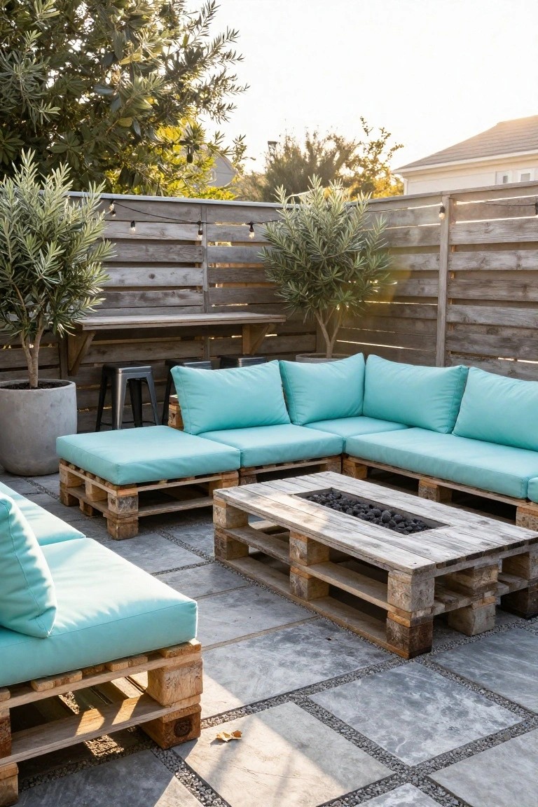 Outdoor patio featuring an L-shaped sofa and ottomans made from wooden pallets with turquoise cushions, a central pallet coffee table containing a fire pit, potted olive trees, metal stools, and a wooden fence backdrop.
