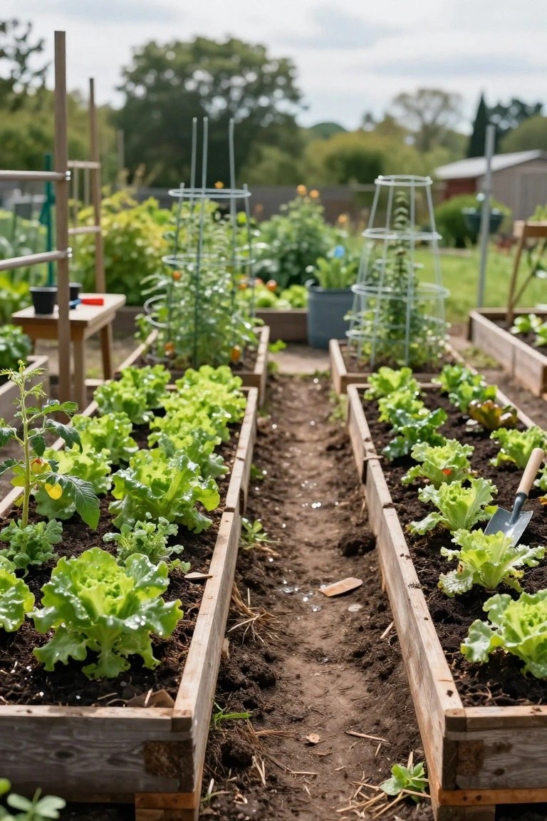 Raised wooden garden beds made from pallets filled with green lettuce plants along a narrow dirt path in a backyard vegetable garden, surrounded by other plants, trellises, and a shed in the background.