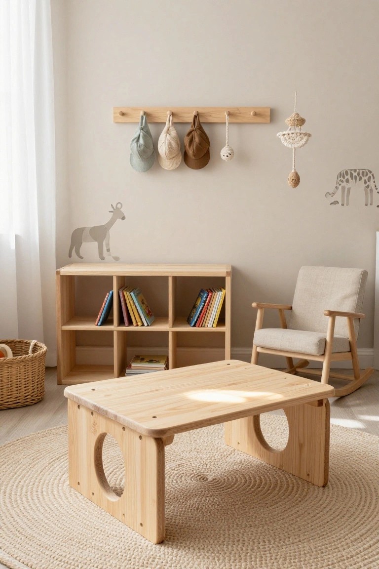 A low rectangular wooden play table with circular cutouts in the legs sits on a round beige rug in a light nursery room with wooden bookshelves stocked with colorful books, a rocking chair, hanging bags, and giraffe wall art.
