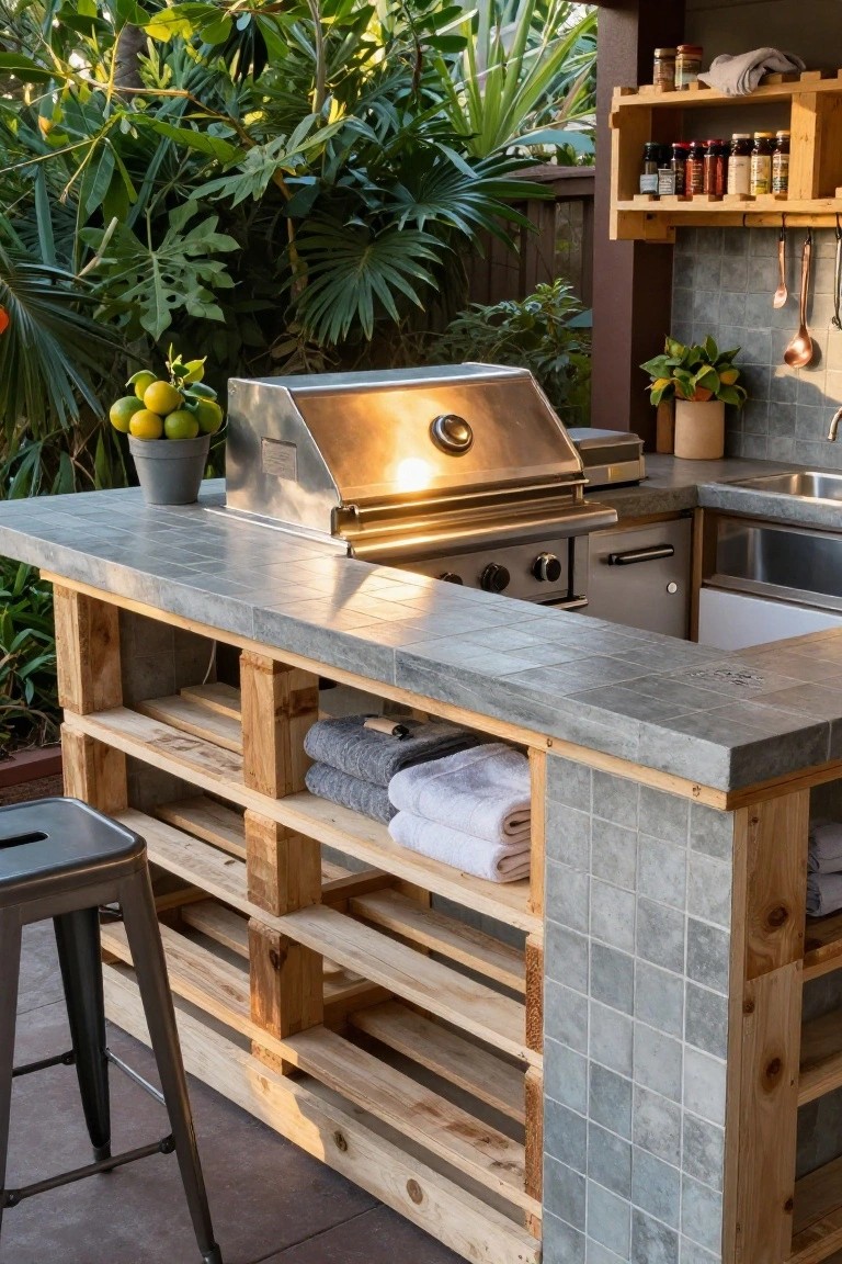 Outdoor kitchen island constructed from wooden pallets with stainless steel grill, gray tiled countertop, sink, dishwasher drawer, metal stool, towels on shelves, and tropical plants in the background.