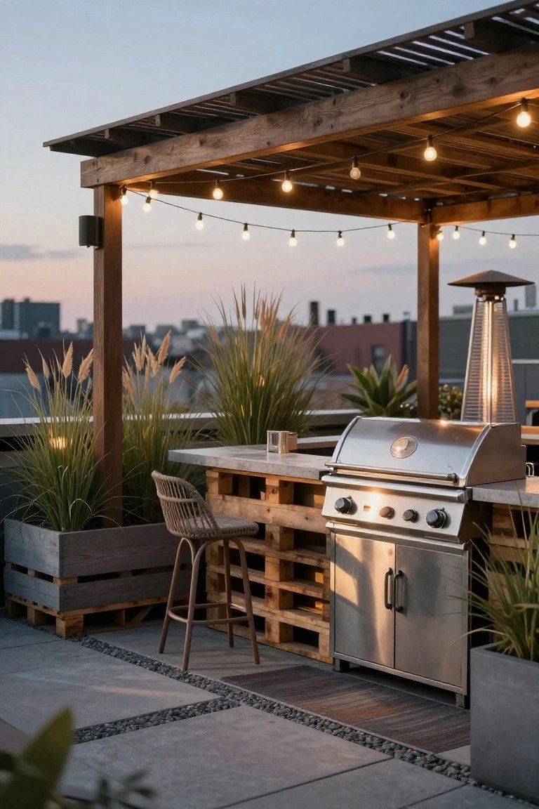 Rooftop terrace with wooden pergola strung with lights, stainless steel gas grill on pallet-built counter and cabinets, rattan bar stools, potted grasses and plants, patio heater, and city skyline at dusk.