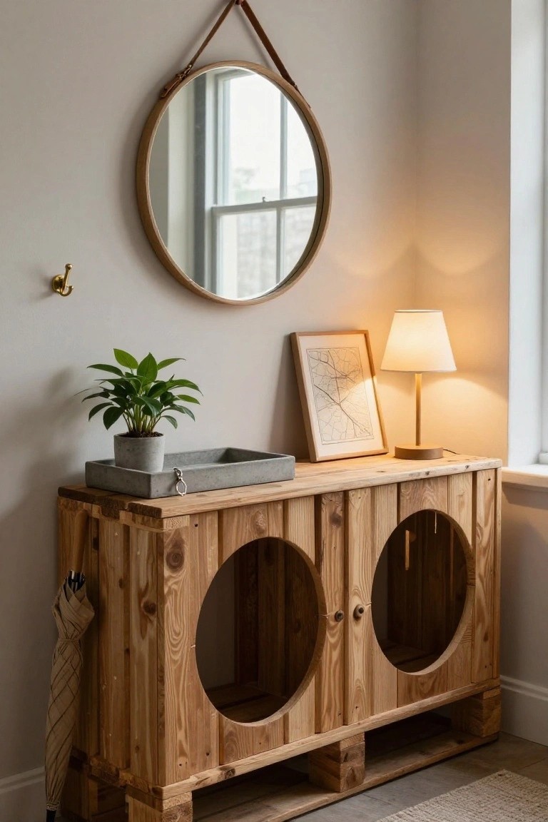 Wooden console table made from pallets with two large circular arched cutouts, positioned in a light gray entryway corner beside a round leather-strapped mirror, umbrella, potted plant, lamp, and framed artwork.