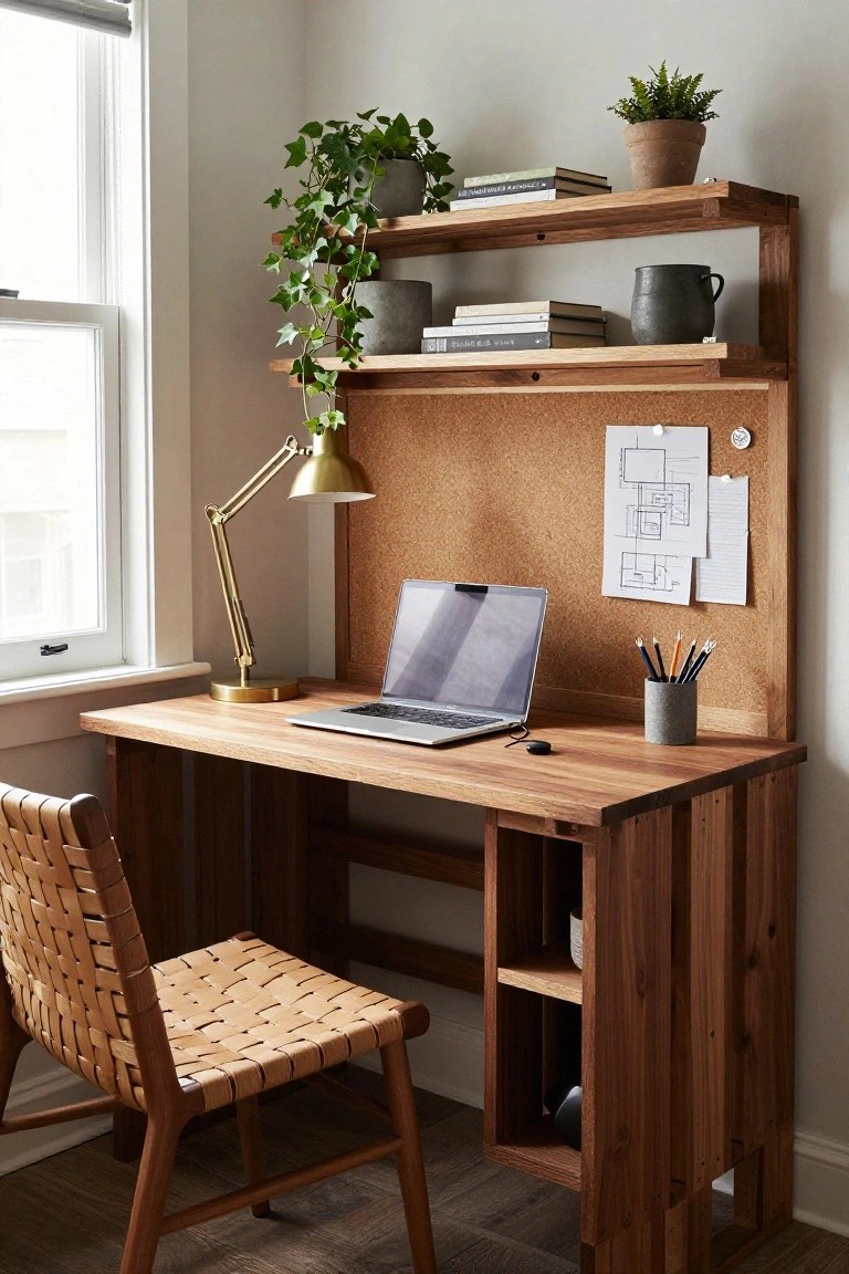 Wooden pallet desk with built-in shelves above, corkboard backing, laptop, desk lamp, potted plants, and woven chair in a light-filled room corner.