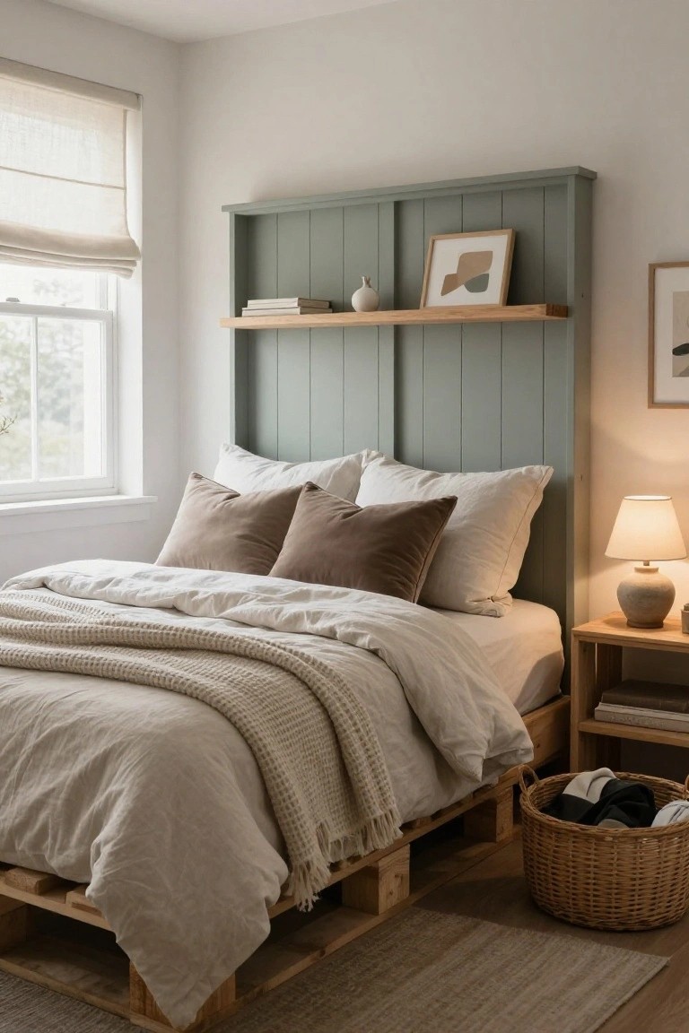 Bedroom with bed on wooden pallet platform, sage green paneled headboard with shelves holding books and vase, white and beige linens, side table with lamp, and woven basket on floor.