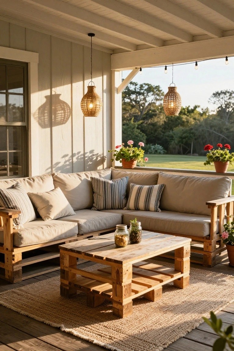 A covered porch with an L-shaped wooden pallet sofa, beige cushions, striped pillows, a pallet coffee table with jars and plants, potted flowers, hanging rattan lanterns, string lights, and a view of a green lawn and trees.