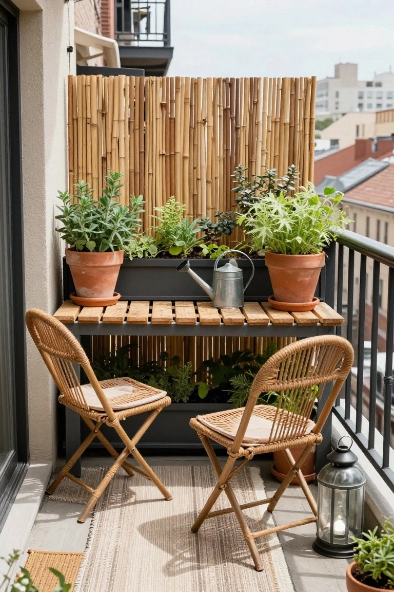 Small urban balcony with bamboo privacy screen along railing, wooden slat shelf table holding potted plants and metal watering can, two rattan folding chairs, outdoor rug, lantern, and additional potted plants.