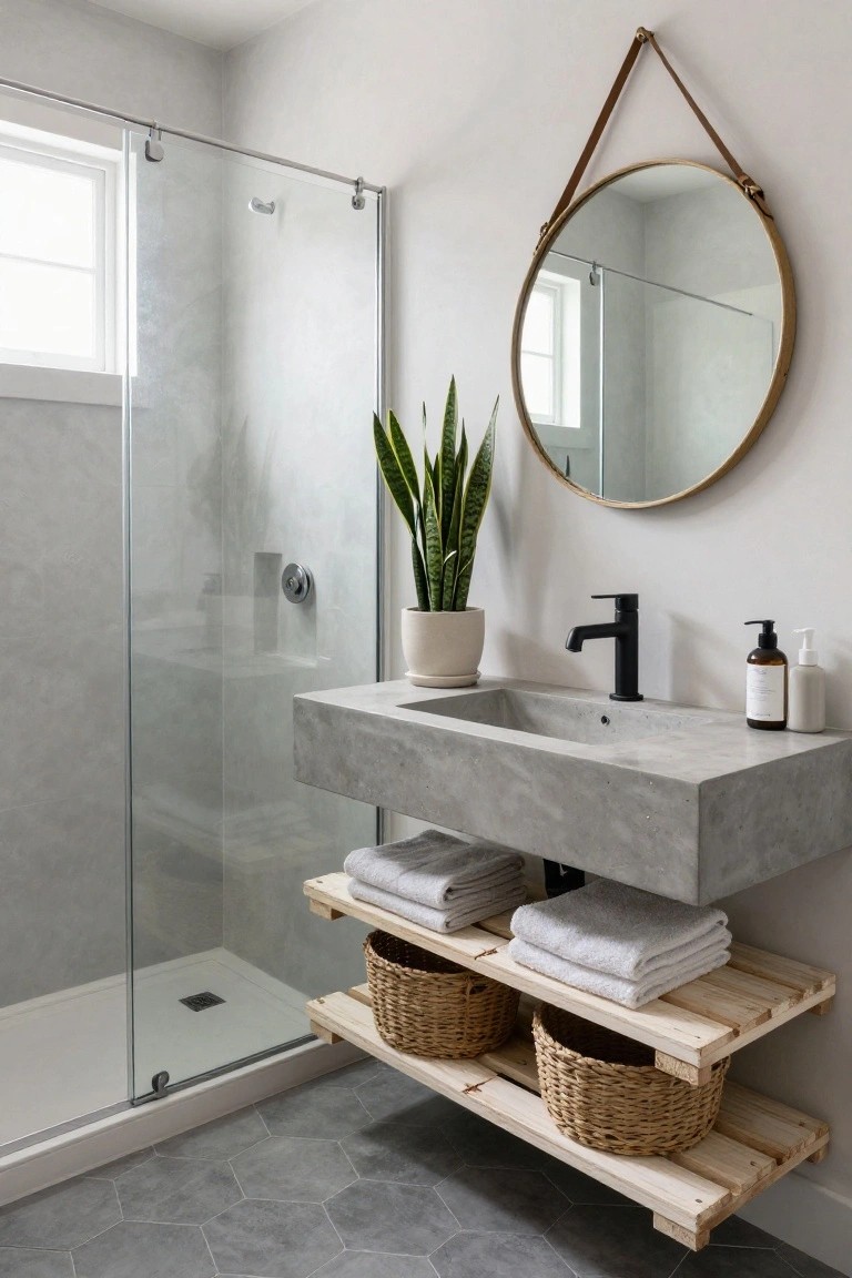 Modern bathroom with gray tiled walls and floor, floating concrete vanity and black faucet, wooden pallet shelves underneath holding baskets and stacked towels, snake plant in white pot next to sink, round leather-strapped mirror on wall, and glass shower enclosure.