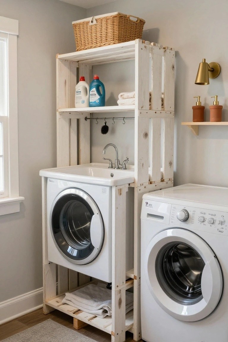 White wooden pallet shelving unit with shelves holding detergent bottles and towels, positioned beside a white laundry sink and stacked washer-dryer in a light gray room.