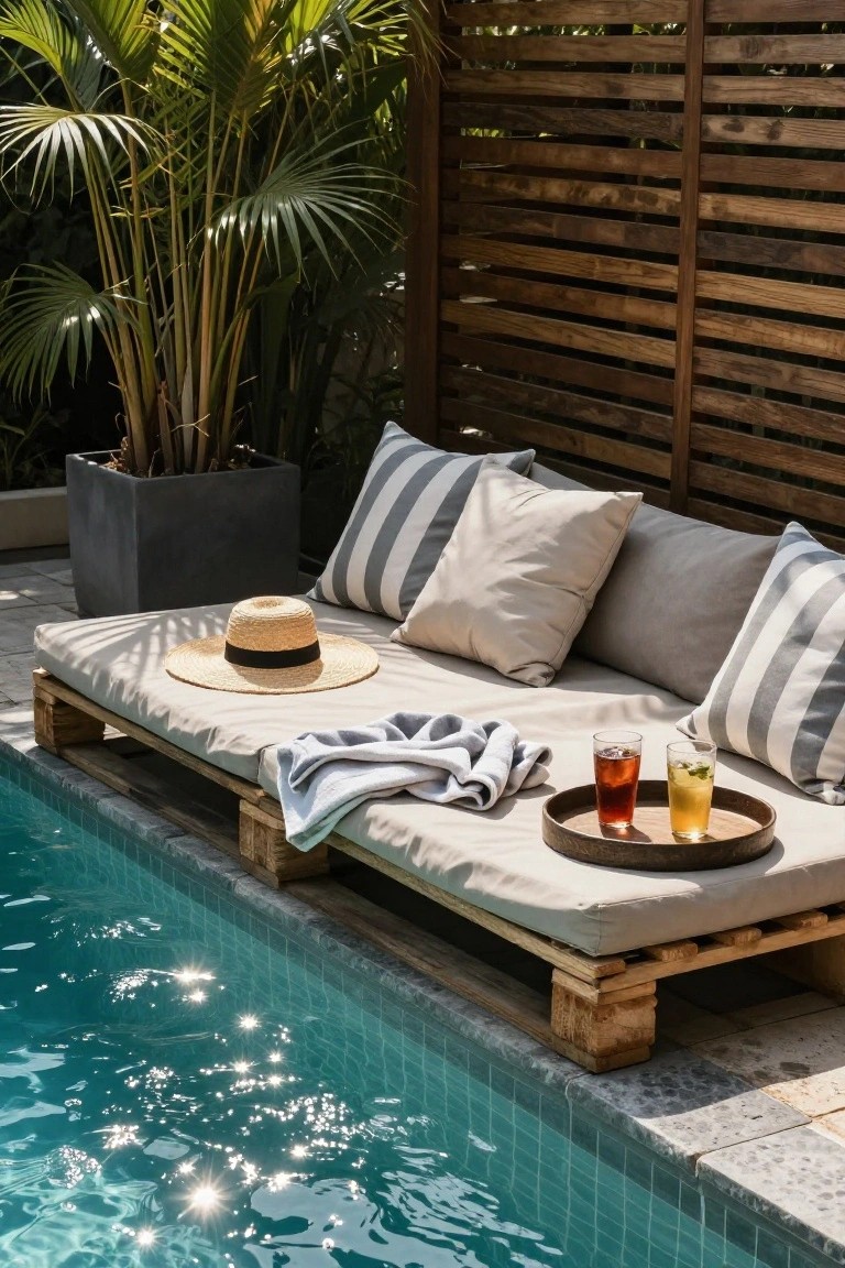 Wooden pallet daybed with beige cushions, striped pillows, a straw hat, towels, and a tray holding two glasses next to a swimming pool, with potted palms and a slatted wooden fence nearby.